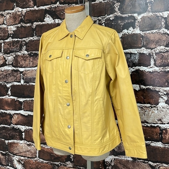 Jessica London Jacket Women's 12 Yellow NWT Leather Coat Snap Buttons Collared - Picture 6 of 17